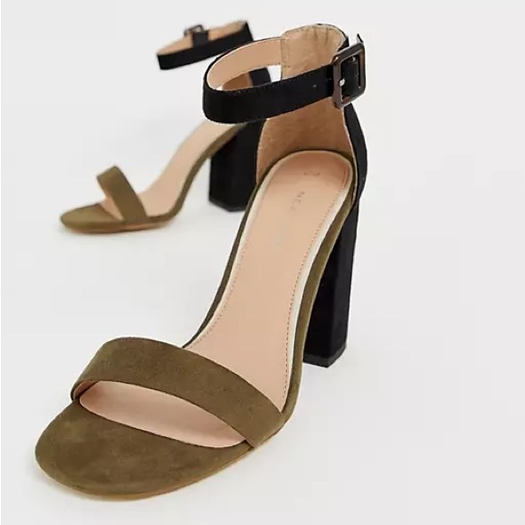 New Look Suede Open Toe Two Tone Block Heeled Sandal In Khaki Green Size 6 - Picture 2 of 7